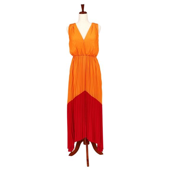 Express Women Orange Satin Color Block Summer Flare Pleated Maxi Dress Size S - Picture 1 of 6